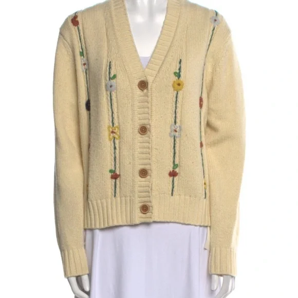 Re/Done - 50s V-Neck Ivory Floral-Embroidered Knit Cardigan - Picture 2 of 7